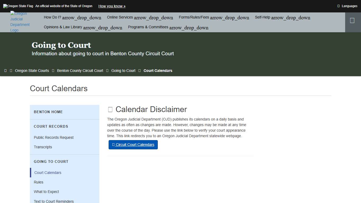 Oregon Judicial Department : Court Calendars : Going to Court : State of Oregon