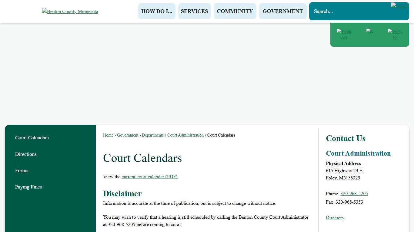 Court Calendars | Benton County, MN